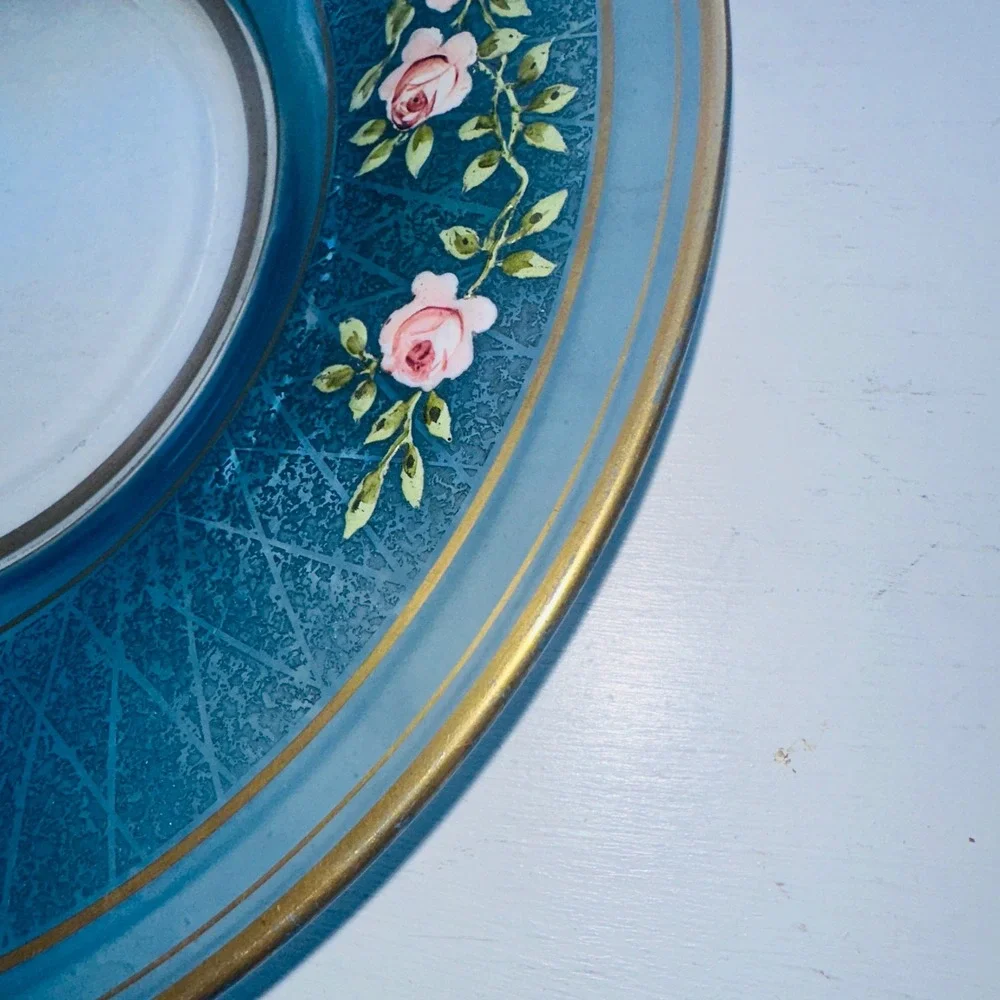 Vintage Blue Glass Plate Pink Rose Floral Hand Painted Gold Trim Lattice Rim
